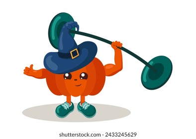 Funny strong kawaii Halloween pumpkin athlete with witch hat, sneakers and barbell. Colorful isolated sport vector emoticon illustration.	