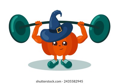 Funny strong kawaii Halloween pumpkin athlete with witch hat, sneakers and barbell. Colorful isolated sport vector emoticon illustration.	