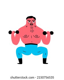 Funny strong man training with heavy equipment and showing his strength. Circus athlete having workout. Powerlifter  isolated on white. Vector flat hand drawn illustration.