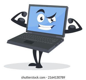 Funny strong muscular laptop mascot isometric vector illustration. Athletic notebook cartoon character with smiling face eyes mouth and hands. Healthy computer digital device for cyberspace browsing