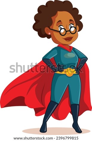 
Funny Strong Superhero Granny Vector Character of African Ethnicity. Strong super grandma wearing cape and hero costume
