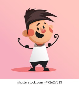 Funny strong teenage boy. Handsome sportsman child. Cute cartoon boy showing his muscles on hands. Joyful teenager stands with raised hands. Vector illustration.