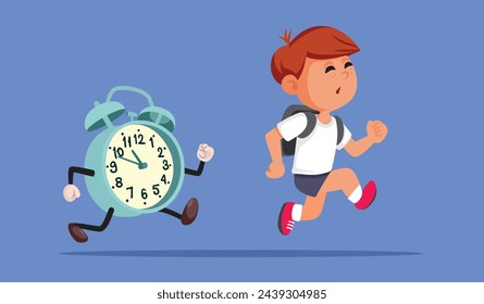 
Funny Student Being Late for School Vector Illustration. Unhappy schoolboy running against the time hurrying at school
