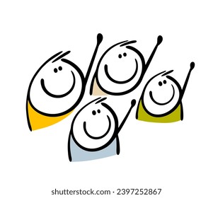 Funny students in the lesson raised their hands, they want to answer homework. Vector illustration of doodle crowd voting for. People agree with the leader. Isolated characters on white background.