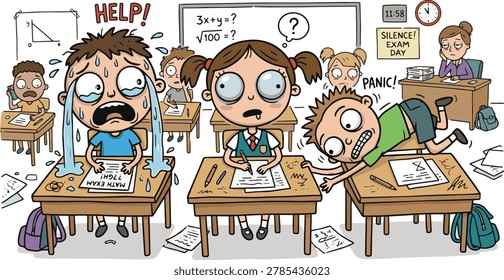 Funny Students Panicking During Difficult School Exam Cartoon Illustration