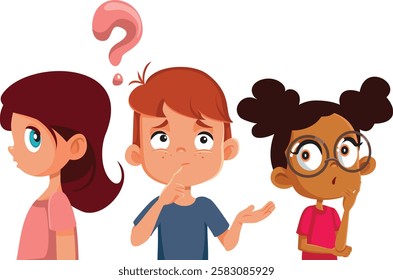 
Funny Students Questioning and Wondering Vector Cartoon Characters. Cheerful kids wondering and shrugging being puzzled 