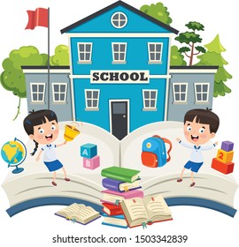 Lustige Schüler und Schulgebäude