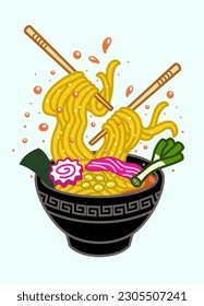 Funny Style Drawing of A Bowl of Ramen Noodle