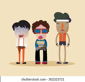 Funny stylish cartoon characters of a nerd, ugly jerk, and cheap looking bully young children standing together as group of friends in fashionable clothes, create by vector 