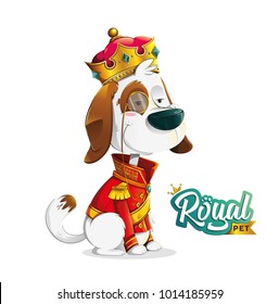 Funny stylish cartoon dog sitting dressed up as king with crown, red suit and eye monogram on white background and extra royal pet logo