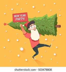 Funny stylish guy with Santa's white beard and red hat holding a christmas tree and a placard "New Year Party". Colorful vector illustration in flat style 