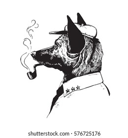 Funny stylish hand drawn sketch illustration of black dog in a shirt with stars, smoking pipe, tie and peaked detective cap