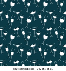 A funny and stylish pattern featuring various drinks glasses on a bright blue background. Perfect for adding sophistication and playful energy to your design. Holiday theme, party