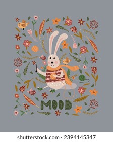 A funny stylish rabbit in a scarf and a knitted drill holds threads. Forest trending animals. Ideal for posters, greeting cards and various creative projects.Vector