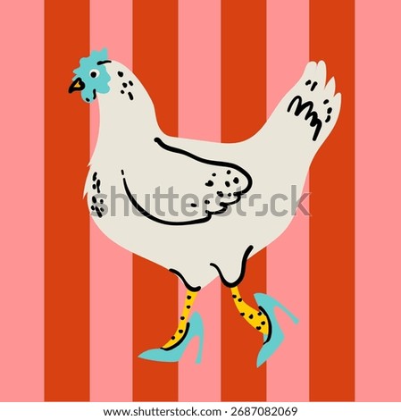 A funny and stylish vector illustration of a fabulous, fashion-forward chicken. This quirky hand-drawn art features a hen walking confidently in high heels, perfect for trendy, humorous projects