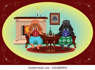 A funny stylish vintage style illustration of a cozy home interior with a chimney and two dogs sitting in the armchairs at the table, smoking pipe and drinking vine.