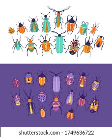 Graciosamente estilizado conjunto de insectos grandes - coloridos niños estilo escarabajos sobre morado y blanco. Colección de doodles de insectos con pequeños elementos decorativos aislados. Criaturas amarillas, anaranjadas, verdes manchadas y verdes