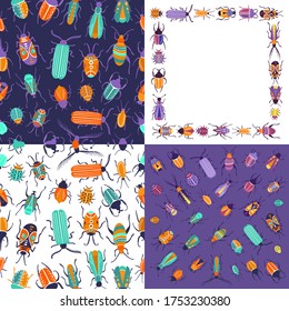 Funny stylized big insects set -  beetles collection, patterns, frame, border. Cute bugs doodle creatures with small decorative elements isolated. Yellow, orange, green spotted and green funny animals