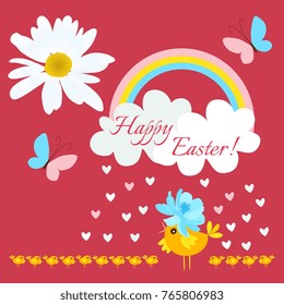 Funny stylized chicken in a blue hat in shape of cosmos flower and small newborn chicks in the rain of hearts on red background. Happy Easter greeting card. Vector spring design.