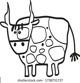 funny stylized cow, symbol of the Chinese New Year, year of the ox, black and white picture, flat image, horoscope cheerful Taurus, freehand drawing, farm animal, cattle, horns, hooves, bull, ranch
