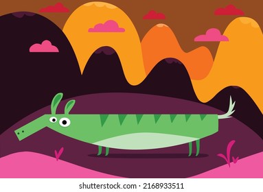 Funny stylized green crocodile cartoon character on a colorful landscape - vector illustration 