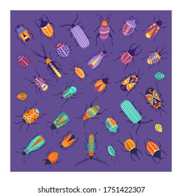 Funny stylized insects running in different directions. Cute beetles on purple background. Cute bugs doodle collection with small decorative elements isolated. Nice fauna creatures. For print