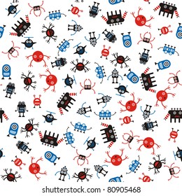 funny stylized robots, seamless background