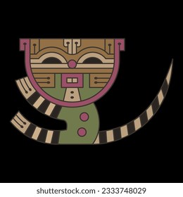 Funny stylized tabby kitten or cat with striped tail. Native American animal motif from ancient Paracas, Peru. On black background.