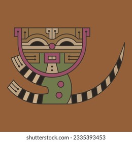 Funny stylized tabby kitten or cat with striped tail. Native American animal motif from ancient Paracas, Peru. On orange brown background.