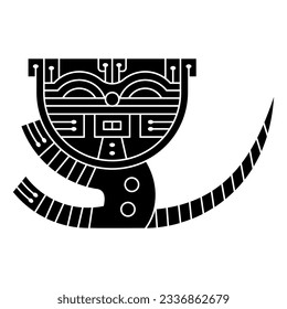 Funny stylized tabby kitten or cat with striped tail. Native American animal motif from ancient Paracas, Peru. Black and white negative silhouette.