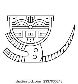 Funny stylized tabby kitten or cat with striped tail. Native American animal motif from ancient Paracas, Peru. Black and white linear silhouette.