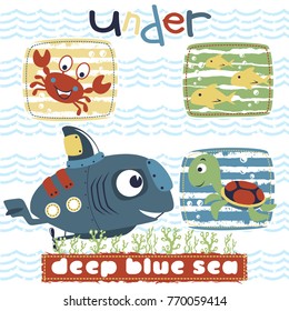 Funny submarine with funny marine animals undersea