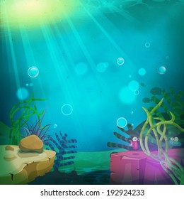 Funny Submarine Ocean Landscape/ Illustration of a cartoon funny submarine ocean landscape with aquatic plants, cute fishes characters and sea wildlife