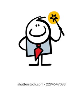 Funny successful businessman wizard waves a magic wand and solves all financial problems by magic. Vector illustration of a fabulous dream of an office worker in a business suit.