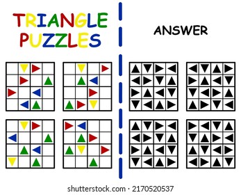Funny sudoku four by four set with triangles for kids vector illustration