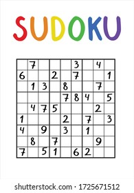 Funny sudoku game for kids and adults. Number logic game for medium level. Black outline isolated on white with colorful title. Sudoku puzzle stock vector illustration. Printable vector jigsaw sheet. svg