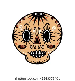 Gracioso icono del vector del cráneo de azúcar. Máscara festiva de un espeluznante mexicano aislado en blanco. Esbozo para el día de los muertos, Día de Muertos. Clásico plano de dibujos animados, hueso de cabeza. Para afiches, imprimir, web