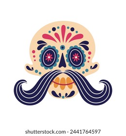 Divertida ilustración vectorial de calavera de azúcar. Cabeza calva humana con un adorno floral pintado, dientes de oro, bigote rizado. Cara sonriente, máscara mexicana para el Cinco de Mayo, Día de Muertos. Dibujo animado plano