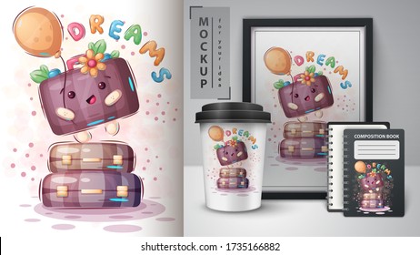 Funny suitcase - poster and merchandising. Vector eps 10