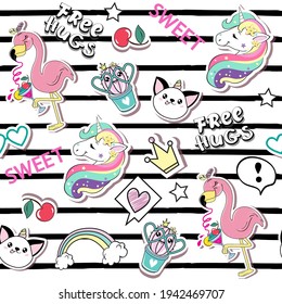 Funny summer animals seamless pattern. Flamingo, unicorn head, cat, cherry and items for girls. Vector patches