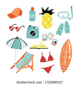 Funny summer attributes stickers set. Pineapple fruit air mattress, sunshades, lounge chair, heart sunglasses, photo camera, surfboard, sunscreen lotion, book and snorkeling kit with fins and mask.