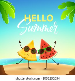 Funny summer banner with fruit characters. Vector illustration of cartoon watermelon and pineapple characters tropical beach. Color banner with lettering.