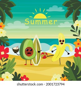 Funny Summer Banner mit Obstfiguren. Tropischer Strand. Sommerlandschaft. Cartoon Banana und Avocado Charaktere tropischen Strand. Illustration im Flachstil