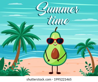 Marea de playa de verano divertida con carácter de fruta aguacate. Estilo de caricatura. Postal de verano EPS 10