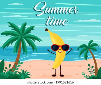 funny summer beach background with banana fruit character. Cartoon style. Summer time postcard Eps 10