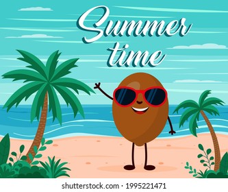 Funny summer beach background with kiwi fruit character. Cartoon style. Summer time postcard EPS 10
