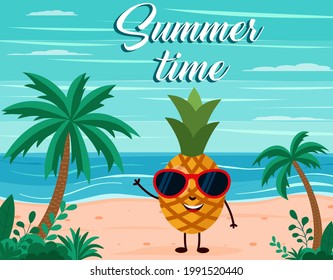 funny summer beach background with pineapple fruit character. Cartoon style. Summer time postcard Eps 10