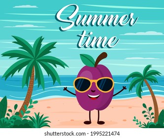 Funny summer beach background with plum fruit character. Cartoon style. Summer time postcard EPS 10
