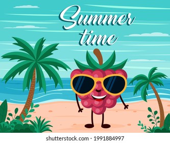 funny summer beach background with raspberry fruit character. Cartoon style. Summer time postcard Eps 10