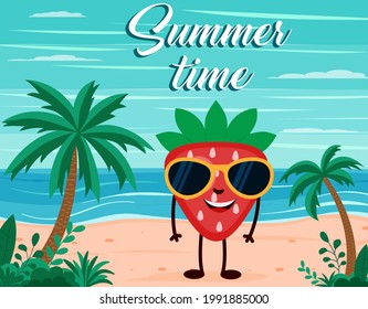 funny summer beach background with strawberry fruit character. Cartoon style. Summer time postcard Eps 10